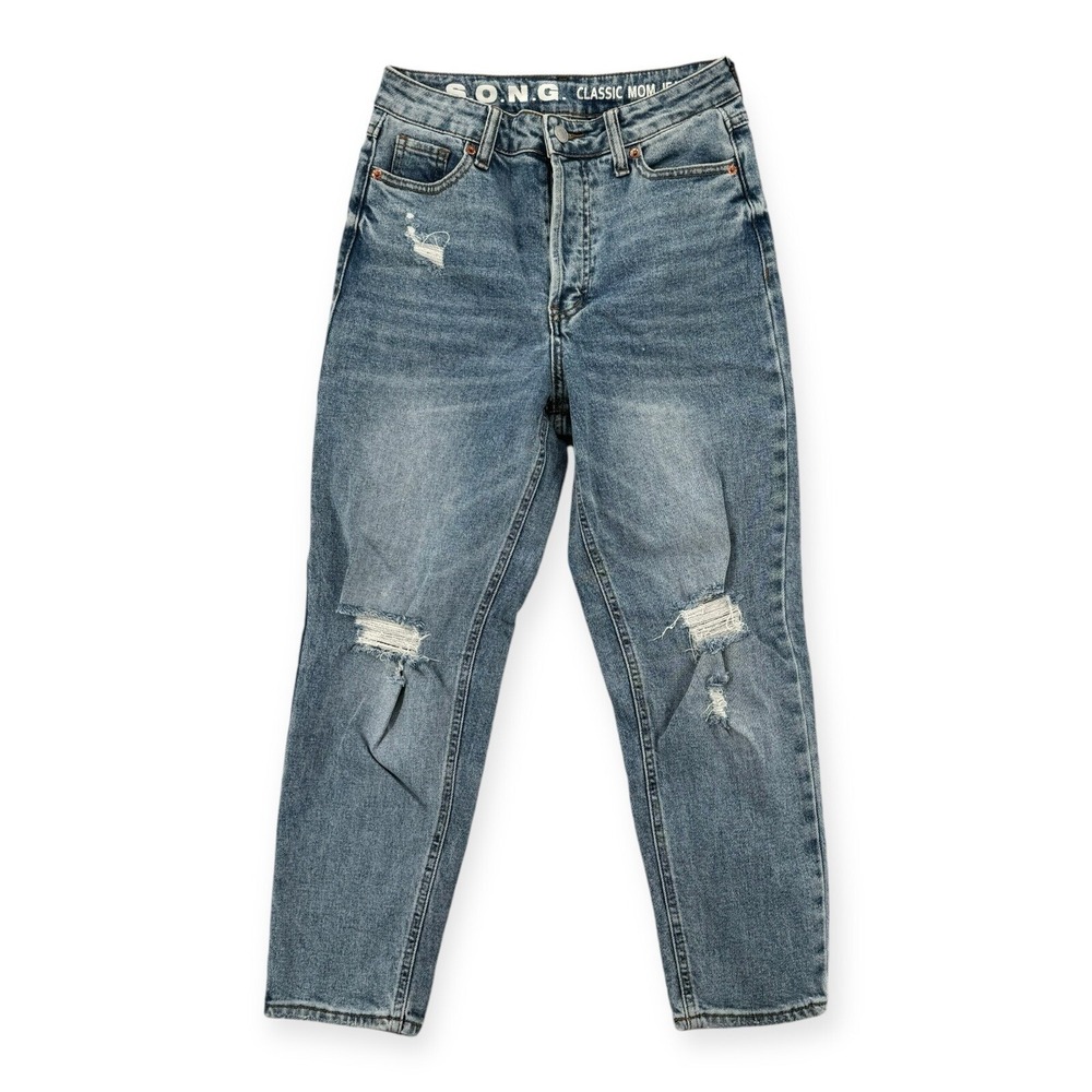 Song Jeans Womens 0/24 Blue Denim‎ Classic Mom Jean Cropped Mid Rise Distressed